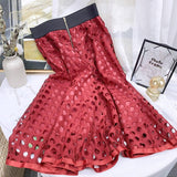 Woman Elegant Midi Skirt Office Lady Zipper A Line Hollow Out Lace Elastic High Waist Skirts