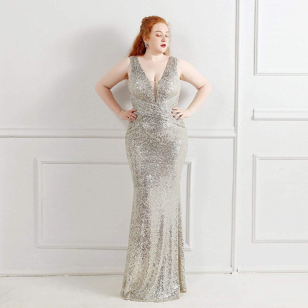New Women Plus Size Mermaid Sequins Evening Dress V Neck Elegant Sleeveless Formal Occation Party Gowns