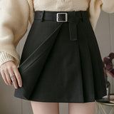 Ladies Elegant A-line Short Skirts Korean Style All-match Woolen High Waist Women Mini Skirt With Belts