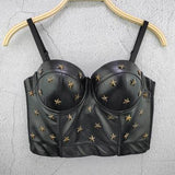 PU Leather Star Decor Sexy Black Beading Crop Top Women Solid Camis Tops With Built In Bra Push Up Bustier Corset