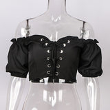 2021 Black Women Casual Sexy Vintage Gothic Shirt One-Neck Collar With Smocked Slimming Navel Short-Sleeved T-Shirt Streetwear