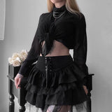 2021 Japanese Harajuku Style Black Pleated Skirts Lace Up Front Mesh Retro Punk Lolita Cake Mini School Girls Cute Casual Skirts