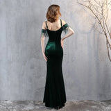 Velour Strap Green Sexy Slit Evening Women's Party Maxi Dress