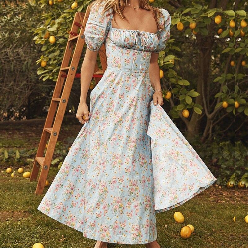 Vintage Print Flower Y2K Women Bodycon Long Dress Summer Fashion Ladies Elegant Party Sexy Floral Ruched Clothing