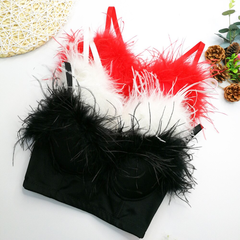 Sexy Corset Feather Low Cup Nightclub Party Short Women Camis In Bra Cropped Crop Top Push Up Breast
