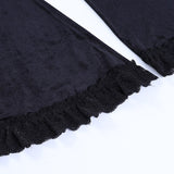 Black Velvet Lace Trim High Waist Slim Fit Flare Pants Vintage Women Trousers Streetwear Skinny Pants