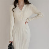 Fall Winter Midi V Neck Button Long Sleeve Elegant Ribbed Knitted Dress Chic Sexy Bodycon Dress