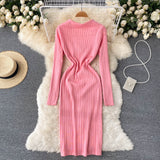 Front Button Ribbed Sweater Dress Polo Collar Sexy Knitted Bodycon Midi Dress Women Clothing