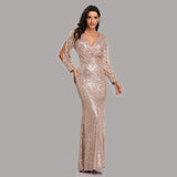 Sexy V-neck Mermaid Evening Dress Long Formal Prom Party Gown Full Sequins Long Sleeve Galadress Vestidos Women Dress