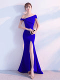 Off-the-shoulder Evening Dress Long Short Sleeve Formal Dress Taffeta High Split Fork Mermaid Prom Gown