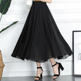 Summer Women Chiffon Vintage High Waist Blue White Long A-Line Solid Pleated Skirts