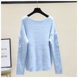 Autumn Long Sleeve O-Neck Beaded Floral Casual Loose Mohair Knit Sweater Pullover