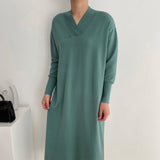 V Neck Long Sleeve Solid Cozy Casual Knitted Dress Autumn Winter Midi Dress Elegant Loose Dress