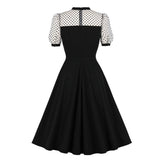 Dotted Mesh Elegant Party Wear Black Women Slim Robe A-Line Vintage Dress