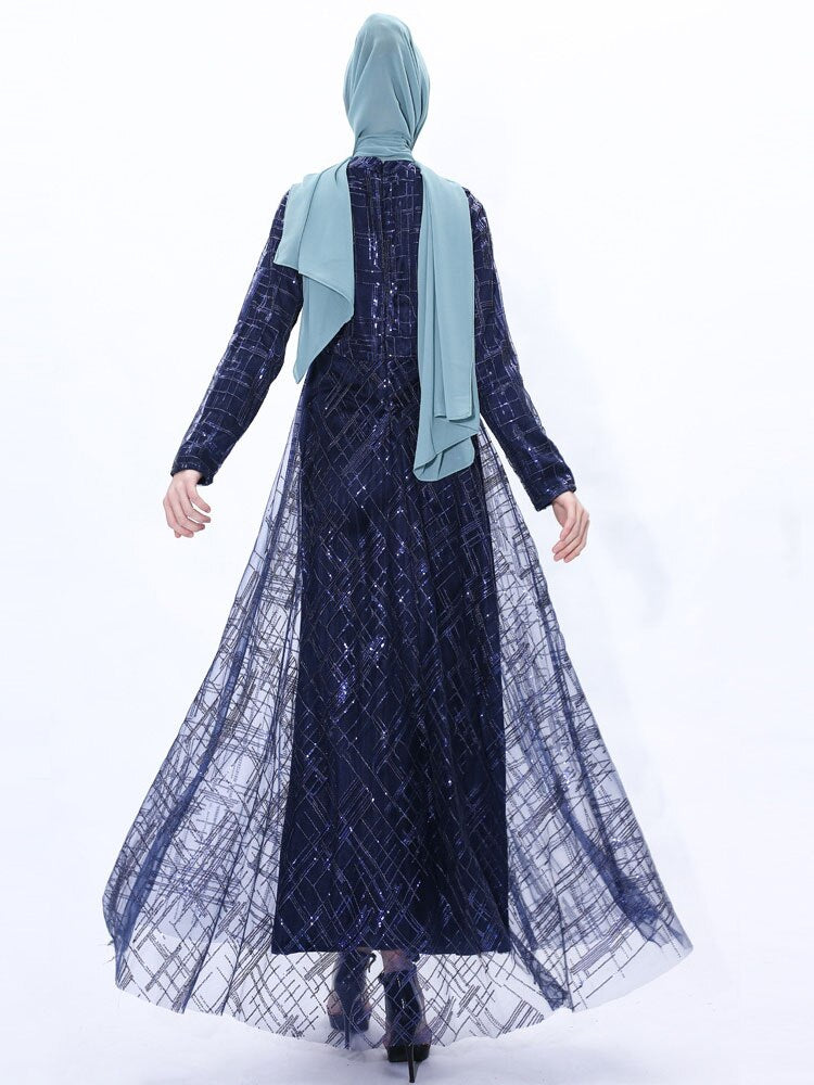 A-line Tulle Sequins Dress Arab Slim Muslim Dress Floor-Length Prom Gowns Robe De Soriee Full-Sleeve high-neck Vestios Plus Size