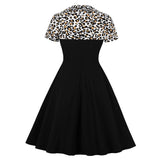 Women Short Sleeve Black Leopard Print Patchwork Robe Pin Up Swing Vintage Dresses