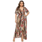Plus Size Women Slit V Neck Asymmetrical Short Sleeve Long Maxi Bohemian Dress