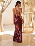 Backless Mermaid Shining Evening Dress Sequinde Formal Dress Sexy Sleeveless Suspenders Prom Gown V-neck Robe