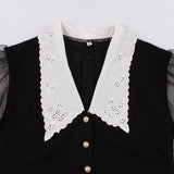 Embroidered Collar Button Front Black Vintage Spring Autumn Women Mesh Sleeve Elegant Party Swing Dress
