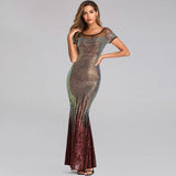 Backless Long Sequin Cocktail Dress Elegant Gold Evening Party Dress Sexy Mermaid Short Sleeve Prom Dress Beauty Robe De Soiree