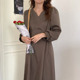 Office Lady Belted Vintage Elegant Dress V Neck Long Sleeve A Line Chic Casual Midi Dress