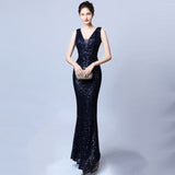 Sleeveless Long Evening Dresses V-neck Sequins Formal Dress Elegant Mermaid Prom Gowns V-Back Party Robe