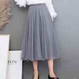 Women Long Elegant High Waist A Line Pleated Skirt Korean Style Vintage Streetwear Ladies Tulle Midi Skirt