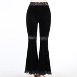Black Velvet Lace Trim High Waist Slim Fit Flare Pants Vintage Women Trousers Streetwear Skinny Pants