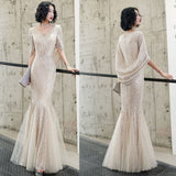 V-neck Champange Evening Dress Mermaid Elegant Party Prom Gowns Cape Sequins Formal Half-sleeve Dress