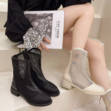 Sexy Black Mesh Hollow Out Cool Boots Women PU Leather Zipper Summer Round Toe Square Heels Ladies Shoes