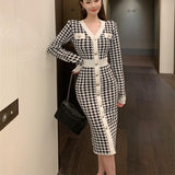 New Women Spring Autumn Dresses Elegant Lady Vintage Knitting Fashionable Buttons Checkered Long Dresses