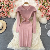 Bodycon Women Clothing Elegant Cape Collar Ribbed Knitted Dress Autumn Winter Warm Mini Casual Long Sleeve Dress