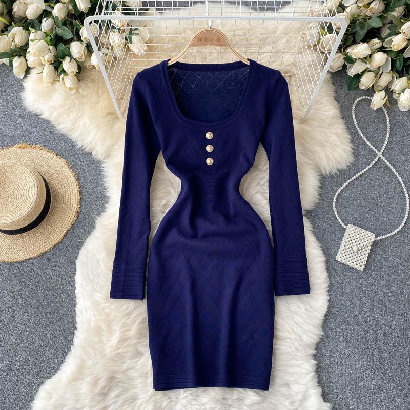 Autumn Winter Elegant Vintage Sexy Knitted Bodycon Dress Square Neck Long Sleeve Button Mini Dress