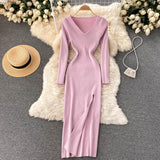 Autumn Winter Midi Dresses For Women Elegant V Neck Long Sleeve Ribbed Knitted Dress With Slit Sexy Bodycon Dress