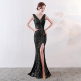 V-neck Backless Embroidered Tulle Formal Dress Sexy High Split Women Formal Gown Gold Long Robe Sleeveless Dress
