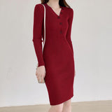 Women V Neck Long Sleeve Casual Knitted Dress Clothes Button Autumn Winter Mini Dress Elegant Ribbed Sexy Bodycon Dress