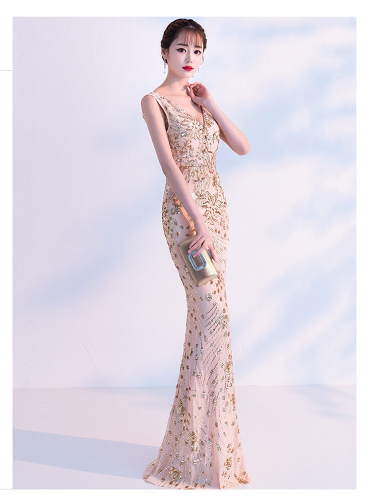 Elegant Mermaid Evening Dress Sleeveless Sequins Robe De Soriee V-neck Tulle Prom Gown Beads Formal Dress