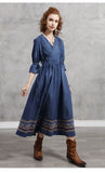 New Women Spring Denim Half Sleeve Embroidery Vintage High Waist Long Elegant Vintage Dress