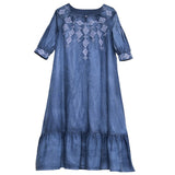 Spring Denim Embroidery Loose Long Women Casual Loose Ruffle Dress Streetwear