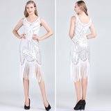 1920s Great Gatsby Flapper Dress V Neck Sleeveless Embellished Sequin Beaded Fringe Dress Vestidos