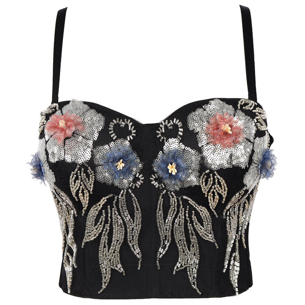 Sexy Female Corset With Cup Beaded Flowers Nightclub Party Cami In Bra Cropped Crop Top Push Up Breast