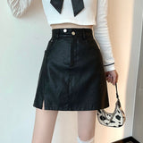 Women High Waist Mini Skirts Fashion Korean Style Solid Color PU Leather Ladies A-line Short Skirt