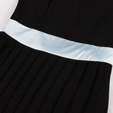 2021 Stand Collar High Waist Patchwork Elegant Black Pleated Runway Dress Women Bow Tie Back Knee Length Ladies Dresses