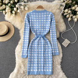 Vintage Houndstooth Knitted Dress Autumn Winter Crew Neck Long Sleeve Mini Bodycon Dress
