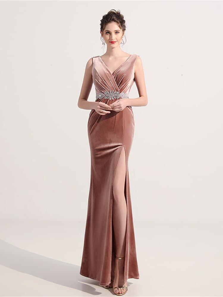 Pink V-neck Sleeveless Robe De Soriee Sexy High Split Velour Evening Dress Bead Embroidery Formal Occasion Dress Party Prom Gown