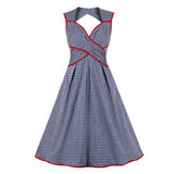 Houndstooth Print Vintage Cotton Summer Criss Cross High Waist Backless Elegant Ladies Dress