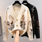 Autumn Women Vintage Long Sleeve Cartoon embroidery Sweater Coat Casual Knitted Cardigans