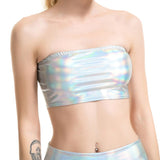 2 Pcs/Set Holographic Shiny Wet Look Strapless Crop Top Sexy Hot Panty Metallic Tube Top and Shorts