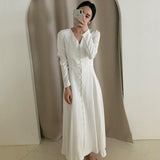 Elegant  Women White Party Split Fairy  Office Lady Long Sleeve Designer Korean Style Autumn