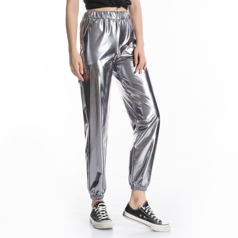Casual Street Hip-Hop Metallic Pants Shiny Hologram Laser Loose Pants Party Wet Look Long Trousers Women Bottoms Clubwear